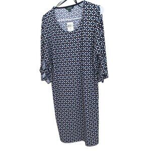 Lauren Ralph Lauren Blue Shift Dress Size Medium Summer Slit-Sleeves White Print